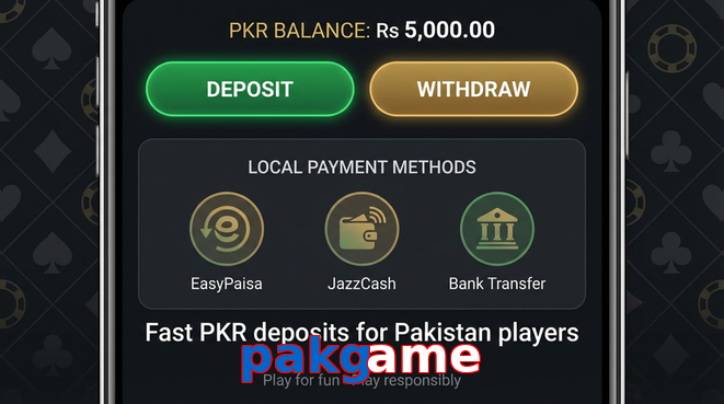 Deposit and withdrawal screen with PKR methods